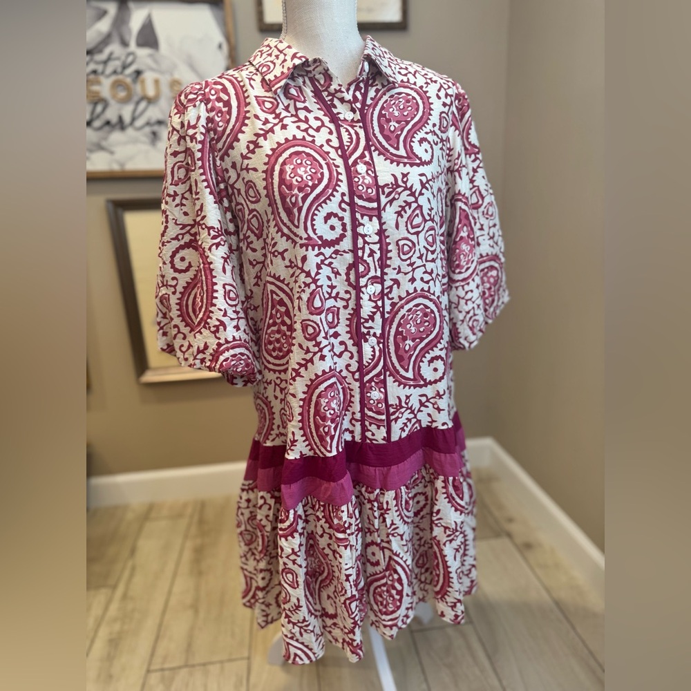 NWT! SHE + SKY Berry and Cream Paisley Poof Sleeve Midi Dress - Picture 4 of 10
